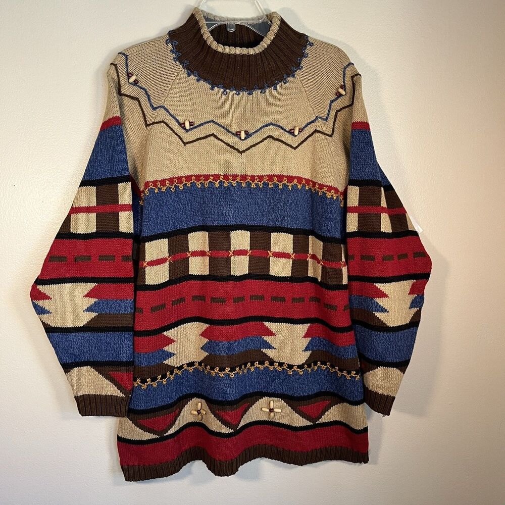 Vintage Lizsport Womens Large Multicolor Sweater with Beads Dress / Top Cotton